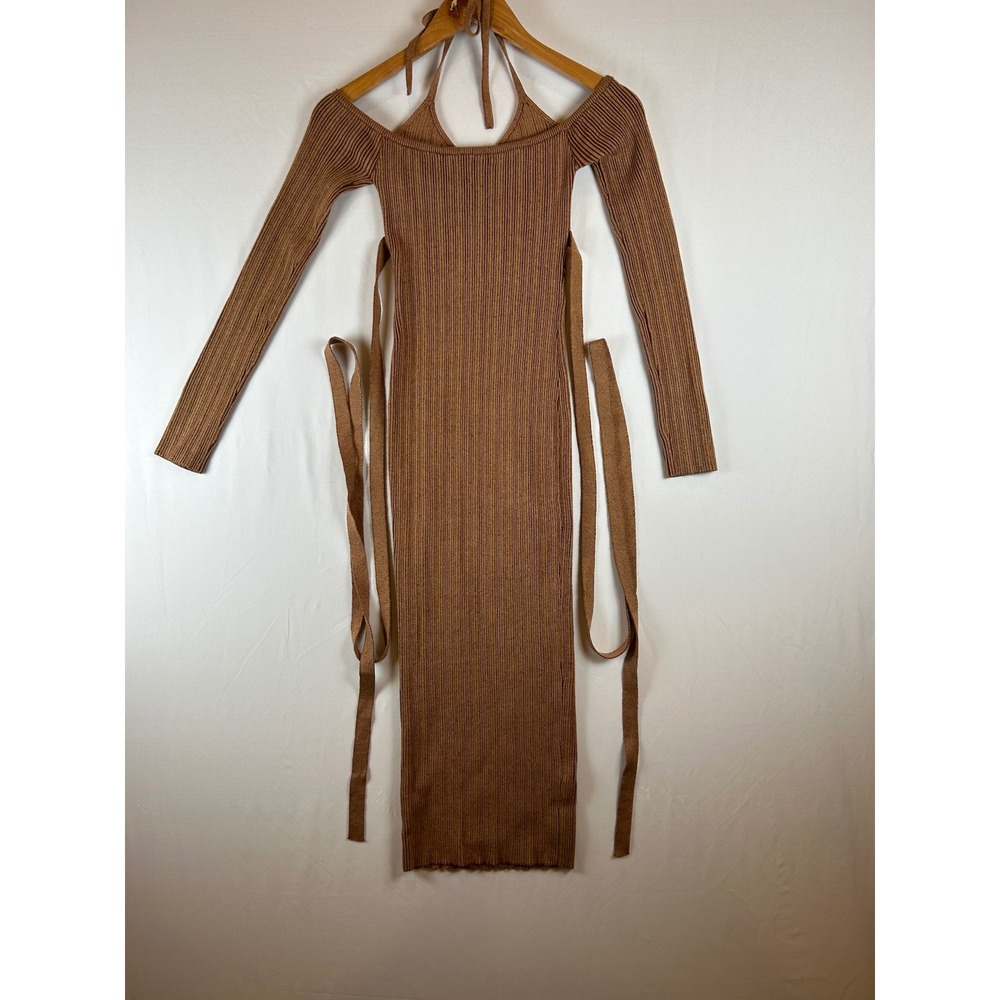 NBD Brown Ribbed Knit Stasia Halter Wrap Midi Dress Small - Picture 2 of 9